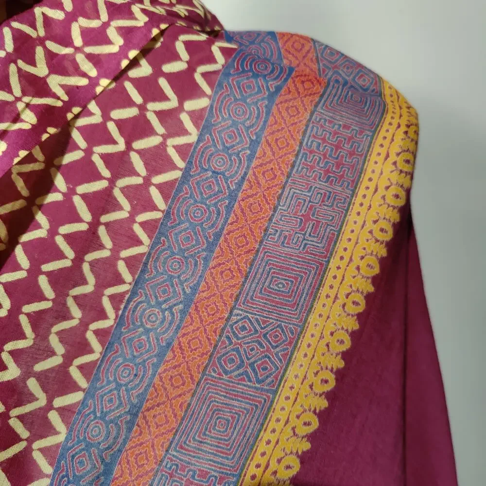 Giardino D'Oriente Purple Gold Sheer Block Print Scarf Shawl Cotton